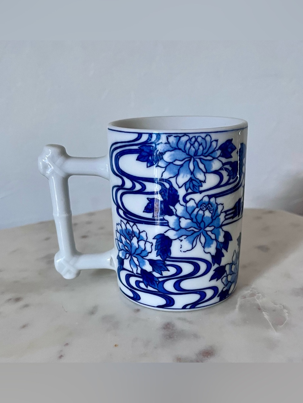 Blue and white chrysanthemum mug by Nancy Getz for Vandor